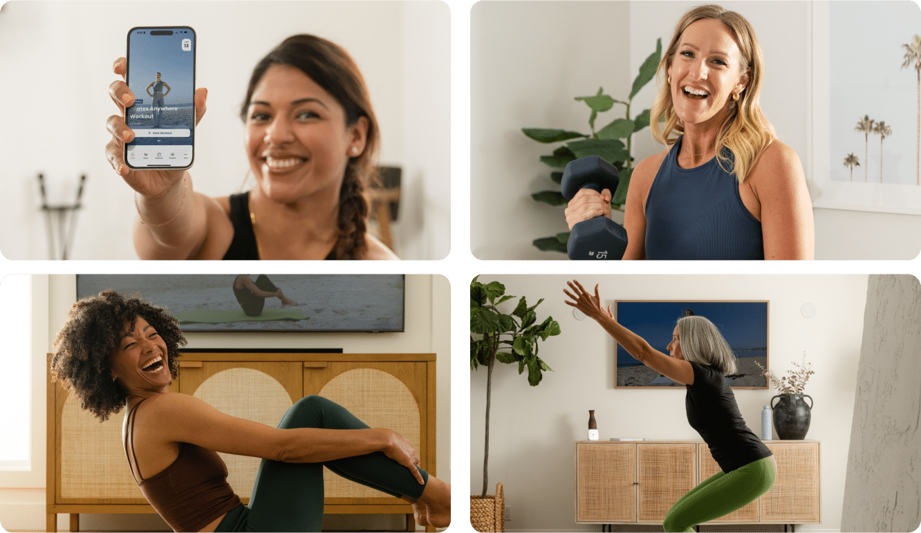 Four women exercising at home — holding up the Lindywell app, lifting a dumbbell, stretching on the floor, and reaching overhead